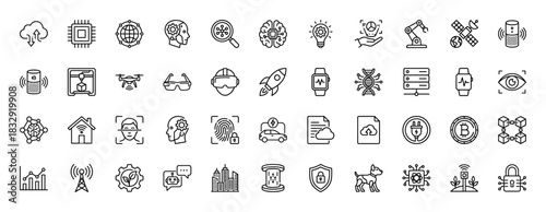 Artificial intelligence and technology line icon set. Vector pictograms of robot, brain, cloud, smart home, biometrics, blockchain, drone and vr, thin linear illustration.