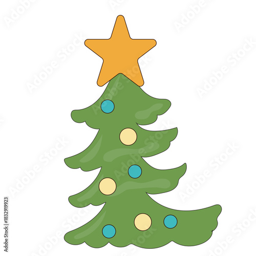 Cartoon Christmas Tree Icon. Evergreen Forest New year Symbol. Traditional Holiday Greeting Party Decoration. Christmas Spruce Tree Childish Hand Drawn Retro Element. Family Party Card Part.