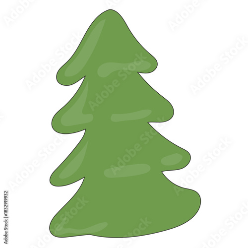 Cartoon Christmas Tree Icon. Evergreen Forest New year Symbol. Traditional Holiday Greeting Party Decoration. Christmas Spruce Tree Childish Hand Drawn Retro Element. Family Party Card Part.