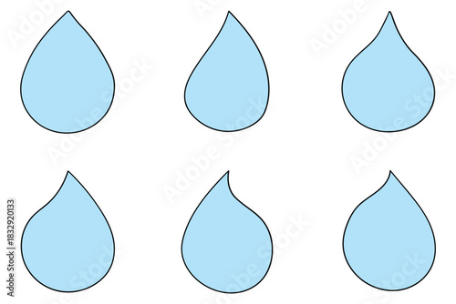 Hand-drawn cartoon set of blue water drops on a white background.