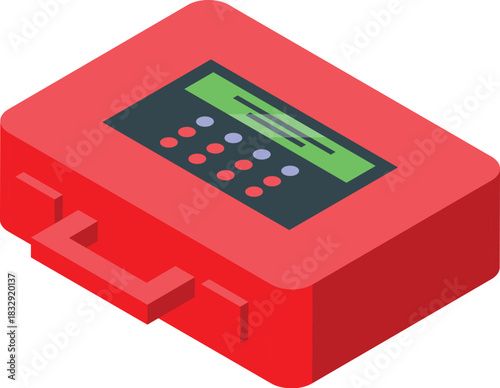Red portable fire alarm control panel with digital display and buttons, indicating system status and readiness for emergency response