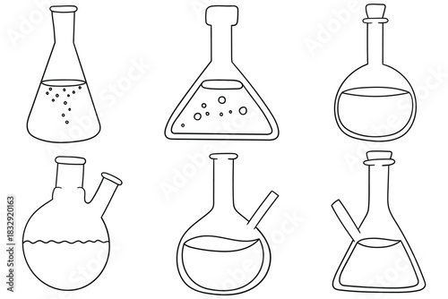 Hand-drawn doodle set of laboratory flasks on a white background.
