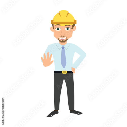 Cartoon construction worker or safety officer holding up a hand in a stop signal. Warning and prohibition concept
