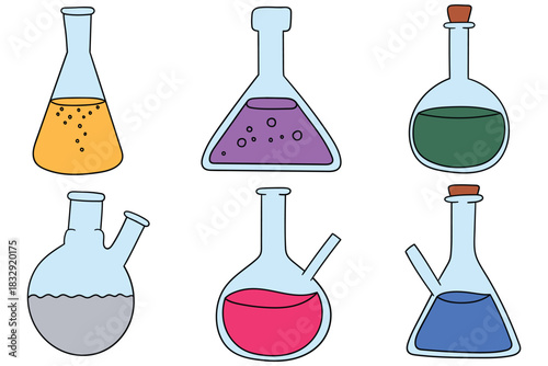 Hand-drawn cartoon set of laboratory flasks on a white background.
