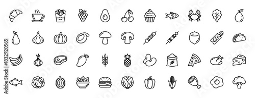 Food and drink line icon set. Vector pictograms of fruits, vegetables, meat, and baked goods, thin linear illustration.
