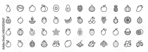 Exotic and common fruits line icon set. Vector pictograms of kiwi, pineapple, fig, avocado, papaya, and cherry, thin linear illustration.