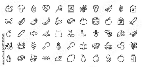 Food and beverage line icon set. Vector pictograms of meat, produce, dairy, and seafood, thin linear illustration.
