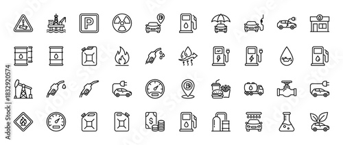 Fuel and energy line icon set. Vector pictograms of gasoline pump, electric car, oil barrel, and gas station, thin linear illustration.