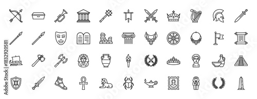 History and mythology line icon set. Vector pictograms of crown, sword, sphinx, pyramid, scroll, and helmet, thin linear illustration.