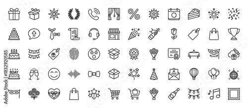 Party and celebration line icon set. Vector pictograms of gift boxes, confetti, cake, balloons, and masks, thin linear illustration.