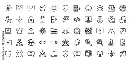 Cybersecurity line icon set. Vector pictograms of protection, shield, lock, fingerprint, and bug, thin linear illustration.
