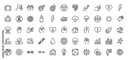 Disaster and environmental crisis line icon set. vector pictograms of radiation, virus, tornado, global warming, and climate change, thin linear illustration.