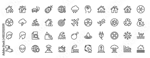 Disaster and risk management line icon set. Vector pictograms of flood, climate, fire, crash, radiation, and pollution, thin linear illustration.