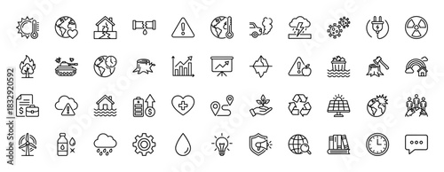 Environmental, climate change, and sustainability line icon set. Vector pictograms of pollution, global warming, deforestation, and renewable energy, thin linear illustration.