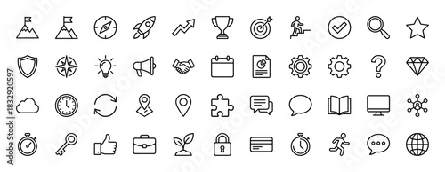 Business and marketing line icon set. Vector pictograms of target, handshake, gear, map pin, and calendar, thin linear illustration.