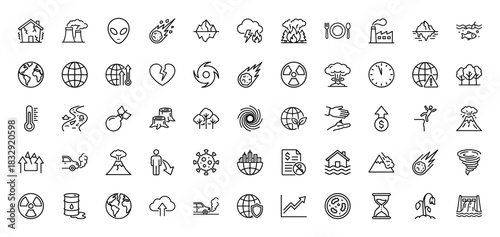 Climate change and environmental disaster line icon set. Vector pictograms of global warming, pollution, extreme weather, and natural hazards, thin linear illustration.