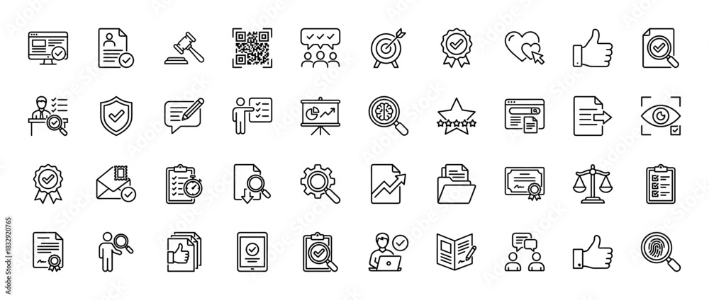 Fototapeta premium Quality assurance and business verification line icon set. Vector pictograms of document, check, certificate, review, and legal, thin linear illustration.