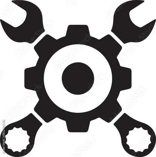 Crossed wrench and gear silhouette icon representing mechanical engineering and repair services isolated on transparent background