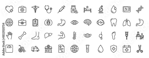 Medical healthcare line icon set. Vector pictograms of stethoscope, syringe, ambulance, heart, brain, and organs, thin linear illustration.