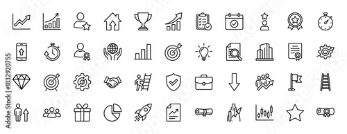 Business and achievement line icon set. Vector pictograms of charts, goals, trophies, and corporate success, thin linear illustration.