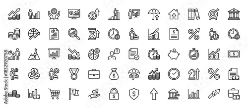 Business and finance line icon set. Vector pictograms of charts, money, investment, and planning, thin linear illustration.