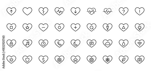 Universal heart-shaped line icon set. Vector pictograms of heartbeat, plus, minus, key, lock, phone, cloud, and sun, thin linear illustration.
