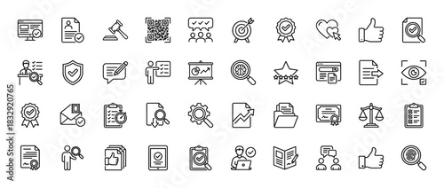 Quality assurance and business verification line icon set. Vector pictograms of document, check, certificate, review, and legal, thin linear illustration.