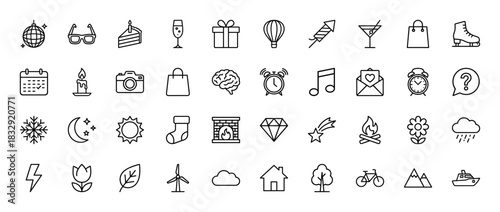 Holiday, nature, and travel line icon set. Vector pictograms of gift, firework, sun, camera, car, and plane, thin linear illustration.