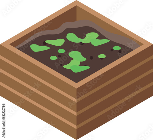 Small green sprouts growing in a wooden planter box filled with dark soil, viewed from an isometric perspective