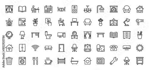 Interior design and home furniture line icon set. Vector pictograms of sofa, lamp, table, chair, window, kitchen, bathroom, and appliances, thin linear illustration.