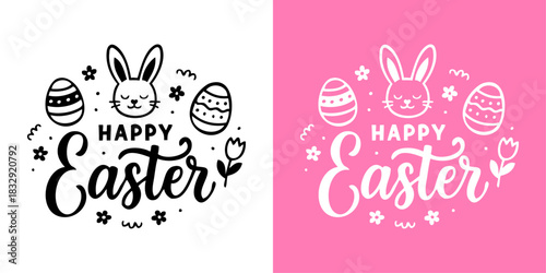 Mensaje Happy Easter con cabeza de conejo, huevos decorados y flores