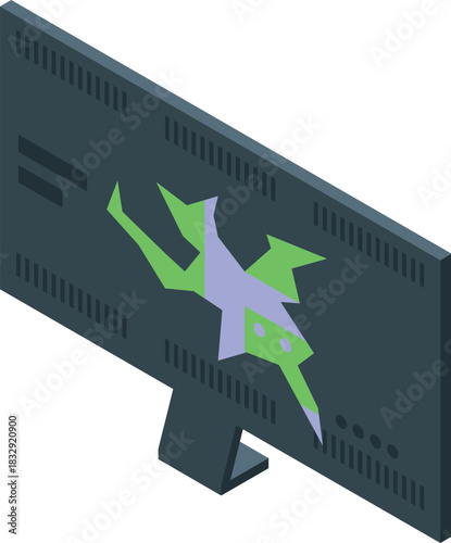 Isometric view of monitor displaying flying dragon character from video game, concept of gaming and entertainment