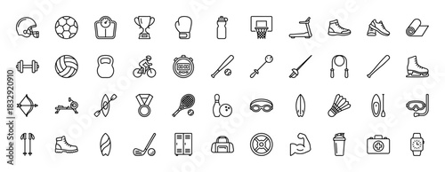 Sports and fitness line icon set. Vector pictograms of helmet, dumbbell, tennis racket, boot, and yoga mat, thin linear illustration.