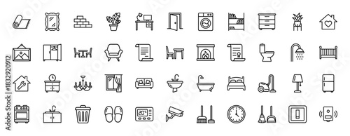 Home interior and repair outline icon set. Vector pictograms of furniture, appliances, and housekeeping tools, thin linear illustration.
