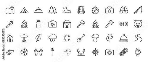 Outdoor adventure and camping line icon set. Vector pictograms of backpack, compass, tent, binoculars, and map, thin linear illustration.