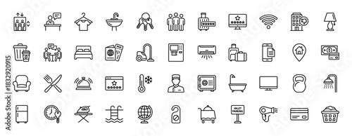 Hotel and hospitality line icon set. Vector pictograms of luggage, key card, receptionist, bell, and cleaning service, thin linear illustration.