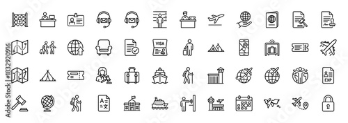 Travel and tourism line icon set. Vector pictograms of passport, airplane, map, visa, ticket, and luggage, thin linear illustration.
