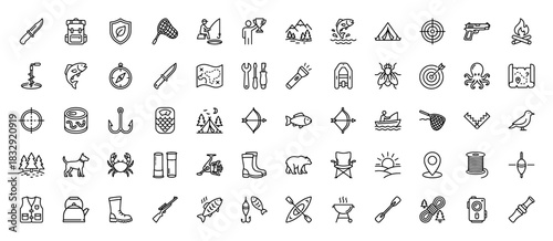 Hunting and fishing line icon set. Vector pictograms of camping, crab, fish, rifle, knife, and tent, thin linear illustration.