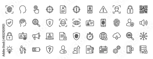 Cyber security and data protection line icon set. Vector pictograms of biometric identification, password, shield, and user access, thin linear illustration.