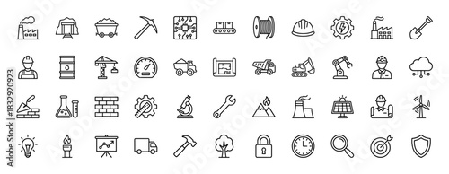 Industrial and engineering outline icon set. Vector pictograms of mining, factory, construction, energy, and machinery, thin linear illustration.