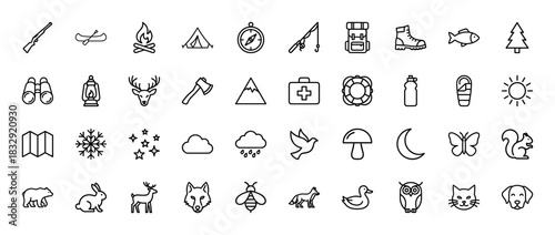 Outdoor adventure and nature line icon set. Vector pictograms of camping gear, wildlife, fishing, and weather, thin linear illustration.