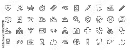 Medical and healthcare line icon set. vector pictograms of heartbeat, pills, syringe, hospital, ambulance, and organs, thin linear illustration.