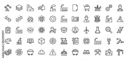 Industrial, manufacturing and engineering line icon set. Vector pictograms of factory, worker, robot, oil, energy, construction and logistics, thin linear illustration.