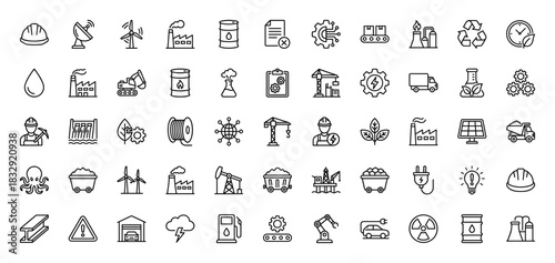 Industrial and energy line icon set. Vector pictograms of factory, oil barrel, wind turbine, power plant, and mining equipment, thin linear illustration.