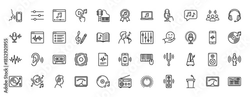 Audio and music technology line icon set. Vector pictograms of microphone, speaker, equalizer, piano, and headphones, thin linear illustration.