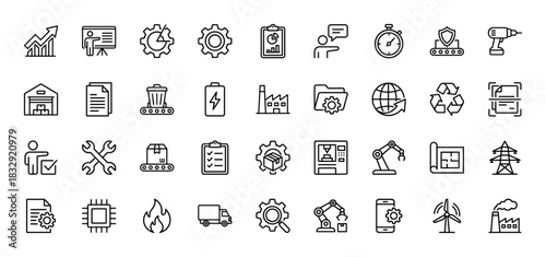 Industrial production line icon set. Vector pictograms of factory, robot arm, gear, conveyor belt, warehouse, blueprint, truck and tools, thin linear illustration.