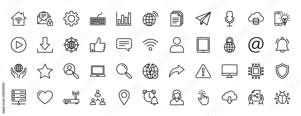 Fototapeta premium Technology and communication line icon set. Vector pictograms of networking, data, security, device, and web elements, thin linear illustration.