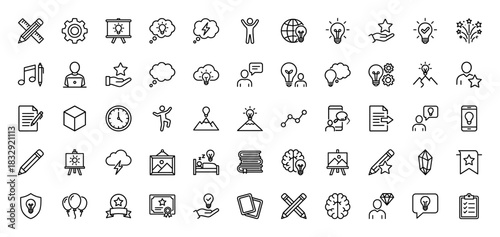 Creative idea generation line icon set. Vector pictograms of lightbulb, gear, brain, rocket, and pencil, thin outline illustration.