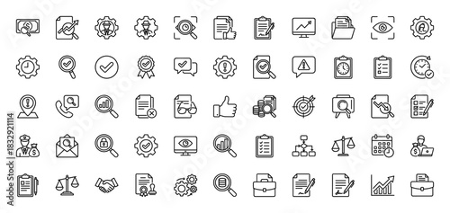 Business line icon set. Vector pictograms of analysis, magnifying glass, document, finance, time, and law, thin linear illustration.