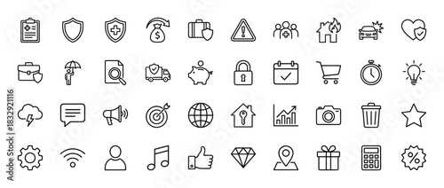 Insurance and business line icon set. Vector pictograms of shield, car, house, calendar, finance, and shopping, thin linear illustration.